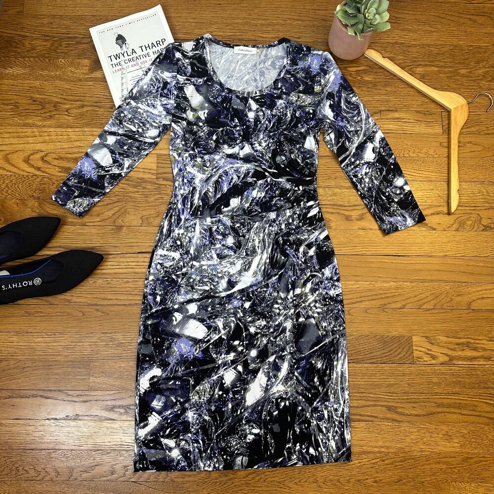 Calvin Klein Purple Black & Gray Abstract Print Sheath Dress